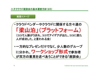 © 2009-2014 Yako Cloud Community All rights reserved.
八子クラウド座談会の基本運営方針（2/3）	
14
実現イメージ	
• クラウドベンダーやクラウドに関係する方々達の
「梁山泊」（プラットフォーム） 
（ココで人脈がうまれ、ココでアイデアが出た、ココに居た
人が成功した、と言われる会）
• 一方的なプレゼンだけでなく、少人数のグループ
に分かれ、ワークショップ形式で参加者
が双方の意見を述べあうことができる「座談会」	
 