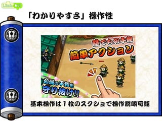 「わかりやすさ」操作性
基本操作は１枚のスクショで操作説明可能
 