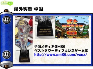 海外実績 中国
中国メディアGM86
ベストタワーディフェンスゲーム賞
http://www.gm86.com/yxpx/
 