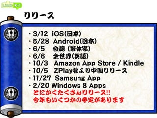 リリース
・3/12 iOS(日本)
・5/28 Android(日本)
・6/5 台湾 (繁体字)
・6/6 全世界(英語)
・10/3 Amazon App Store / Kindle
・10/5 ZPlay社より中国リリース
・11/27 Samsung App
・2/20 Windows 8 Apps
とにかくたくさんリリース!!
今年もいくつかの予定があります
 