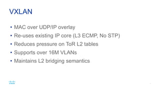 • L2 Access with L3 Aggregation
• Wasted capacity: STP blocks ports to prevent loops
• VLAN Exhaustion: only 4K with 802.1Q label
• ToR Scalability: hw tables need to scale with endpoints
Traditional Data Centers
 