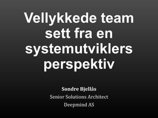 Vellykkede team
sett fra en
systemutviklers
perspektiv
Sondre Bjellås
Senior Solutions Architect
Deepmind AS
 
