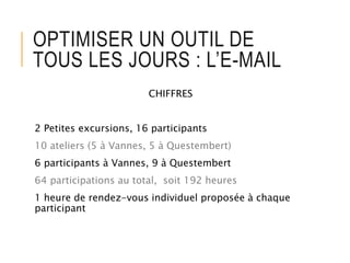 OPTIMISER UN OUTIL DE
TOUS LES JOURS : L’E-MAIL
CHIFFRES
2 Petites excursions, 16 participants
10 ateliers (5 à Vannes, 5 à Questembert)
6 participants à Vannes, 9 à Questembert
64 participations au total, soit 192 heures
1 heure de rendez-vous individuel proposée à chaque
participant
 