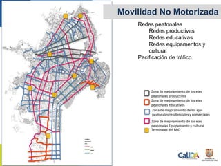 Movilidad No Motorizada
Redes peatonales
Redes productivas
Redes educativas
Redes equipamentos y
cultural
Pacificación de tráfico
Zona de mejoramiento de los ejes
peatonales Equipamiento y cultural
Terminales del MIO
Zona de mejoramiento de los ejes
peatonales educativos
Zona de mejoramiento de los ejes
peatonales productivos
Zona de mejoramiento de los ejes
peatonales residenciales y comerciales
 