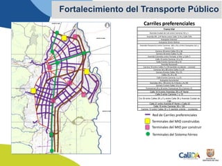 Carriles preferenciales
Fortalecimiento del Transporte Público
Terminales del MIO construídas
Terminales del MIO por construir
Terminales del Sistema Férreo
Red de Carriles preferenciales
Tramo Vial
Avenida Ciudad de Cali entre Carreras 50 y 1
Avenida 6N y 6ª Norte entre Calle 12 N y Calle 52N
Autopista Oriental
Autopista Simón Bolívar
Avenida Pasoancho entre Carreras 100 y 56 y entre Autopista Sur y
Carrera 15
Carrera 39 entre Calles 55 y 36
Carrera 44 entre Calles 5 y 26
Avenida Colombia entre Portada al Mar y Calle 5
Calle 15 entre Carreras 13 y 15
Calle 9 entre Carrera 66 y 15
Avenida Roosevelt
Carrera 10 entre Calles 5 y 39 (sentido occidente – oriente)
Carreras 66 y 80 entre Calles 5 y 25
Carrera 8 entre Calles 70 y 15
Calles 23, 25 y 26
Calle 8 entre Carreras 1 y 15
Autopista Suroriental
Avenidas 2N y 4N entre Av 4 Oeste y Av 6N
Carrera 5 entre Calles 13 y 34
Transversal 29 y 30 entre Transversal 25 y Carrera 15
Calle 18 N entre Avenidas 3N y 6ª Norte
Calle 5 entre Carreras 1 y 15
Cra 39 entre Calles 26 y 5 y entre Calle 36 y Avenida Ciudad de
Cali
Calle 21 entre Avenida 6ª Norte y Calle 23
Calle 16 entre Carreras 39 y 100
Carrera 10 entre Calles 25 y 5 (sentido oriente – occidente)
 