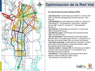 Corredores Estructurantes Radiales (CER)
. Eje Pasoancho: Conformado por la Calle 13 - Carrera 100 -
Calle 18 (Avenida Cañasgordas) entre las Carrera 1 y Río
Jamundí.
. Eje Aguablanca: Conformado por la Calle 15 - Carrera 18 -
Transversal 25 – Transversal 29 - Carrera 29 - Calle 96 -
Carrera 28D - Calle 70 - Carrera 27 - Transversal 29 –
Carrera 15.
. Eje Petecuy: Conformado por la Carrera 1 a partir de la
Calle 5 hasta el Río Cauca.
. Eje Alfonso López: Conformado por la Carrera 8 entre
Calle 15 y el Río Cauca.
. Eje Las Américas: Conformado por la Avenida 3 Norte
entre la Calle 15ª a la altura de la Carrera 1 y el límite con el
Municipio de Yumbo (Calle 70N), en el sector de Sameco.
. Eje Terrón Colorado: Conformado por la Carrera 1 a partir
de la Calle 5 hacia el Oeste y la Avenida 5 Oeste o calle
principal del barrio Terrón Colorado.
. Eje de la Calle 5 - Carrera 100: Conformado por la Calle 5
y Carrera 100, entre la Carrera 1 y su empalme con el
Corredor Férreo de la Calle 25.
. Eje Palmira: Conformado por el Corredor Férreo de la
Carrera 7 entre la Calle 26 y el Río Cauca.
. Eje Avenida 6ª: AvenidaN y 6aN
Expansión y Optimización de la Red Vial
 