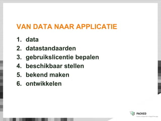 VAN DATA NAAR APPLICATIE
1. data
2. datastandaarden
3. gebruikslicentie bepalen
4. beschikbaar stellen
5. bekend maken
6. ontwikkelen
 