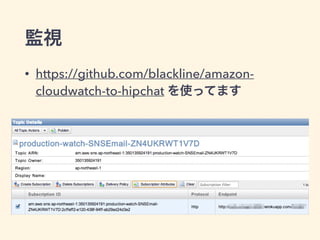 監視
• https://github.com/blackline/amazon-
cloudwatch-to-hipchat を使ってます
 