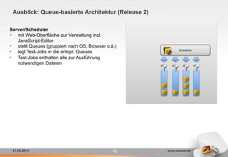 21.05.2014 www.consol.de
Ausblick: Queue-basierte Architektur (Release 2)
15
Scheduler	
  
Server/Scheduler
•  mit Web-Oberfläche zur Verwaltung incl.
JavaScript-Editor
•  stellt Queues (gruppiert nach OS, Browser o.ä.)
•  legt Test-Jobs in die entspr. Queues
•  Test-Jobs enthalten alle zur Ausführung
notwendigen Dateien
 