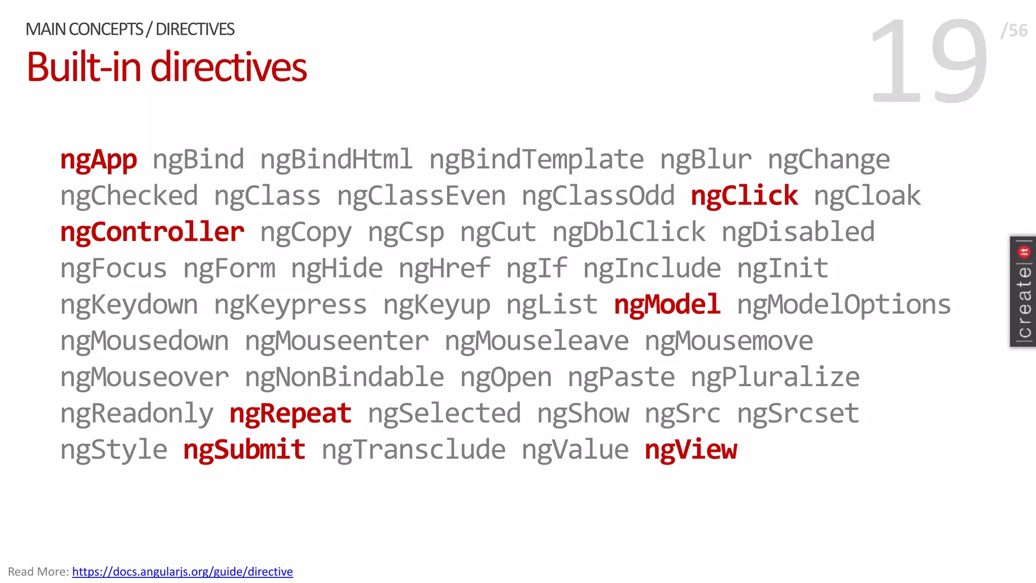 19Built-indirectives
ngApp ngBind ngBindHtml ngBindTemplate ngBlur ngChange
ngChecked ngClass ngClassEven ngClassOdd ngClick ngCloak
ngController ngCopy ngCsp ngCut ngDblClick ngDisabled
ngFocus ngForm ngHide ngHref ngIf ngInclude ngInit
ngKeydown ngKeypress ngKeyup ngList ngModel ngModelOptions
ngMousedown ngMouseenter ngMouseleave ngMousemove
ngMouseover ngNonBindable ngOpen ngPaste ngPluralize
ngReadonly ngRepeat ngSelected ngShow ngSrc ngSrcset
ngStyle ngSubmit ngTransclude ngValue ngView
MAINCONCEPTS/DIRECTIVES /56
Read More: https://docs.angularjs.org/guide/directive
 