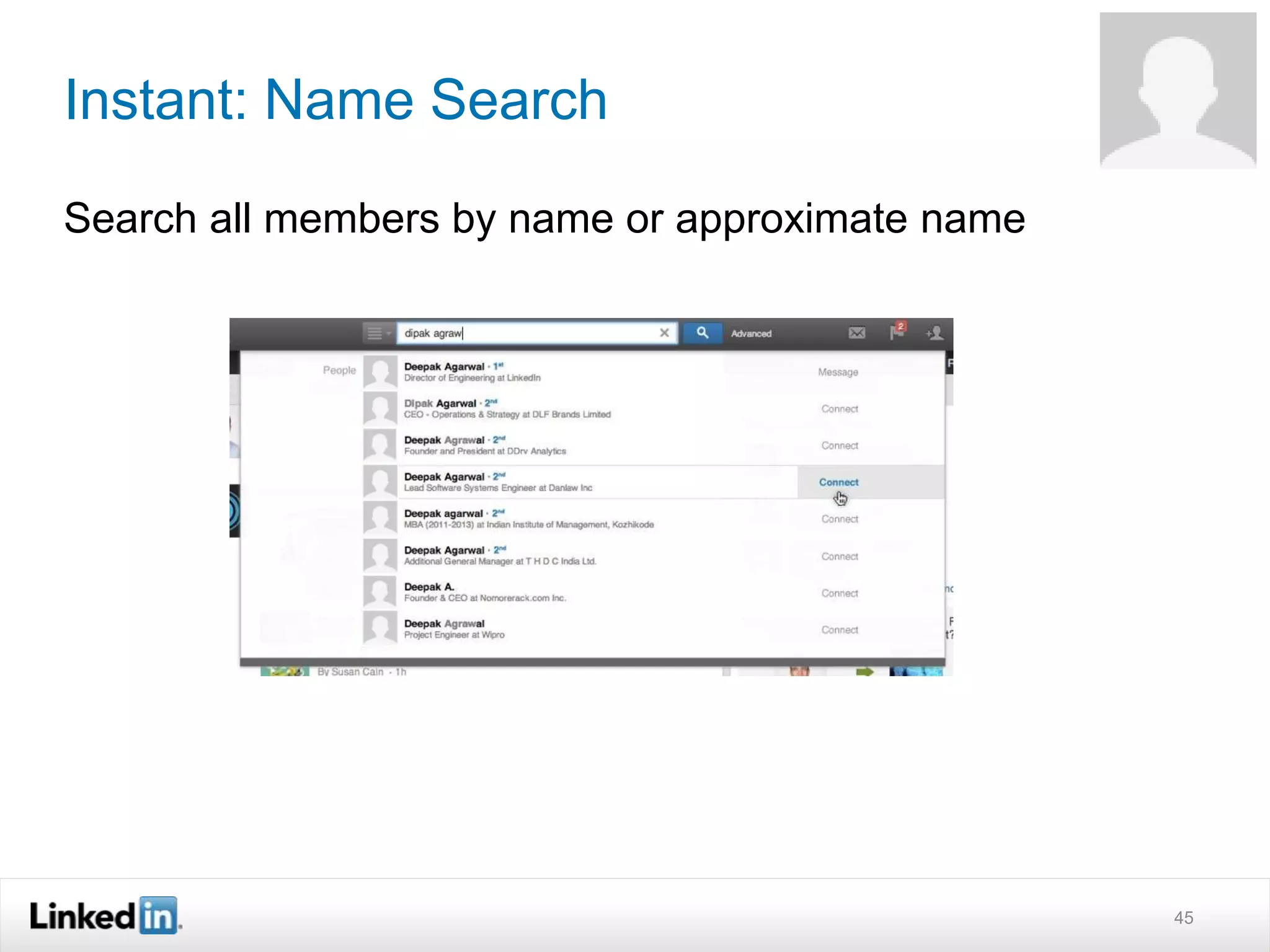 Instant: Name Search
Search all members by name or approximate name
45
 