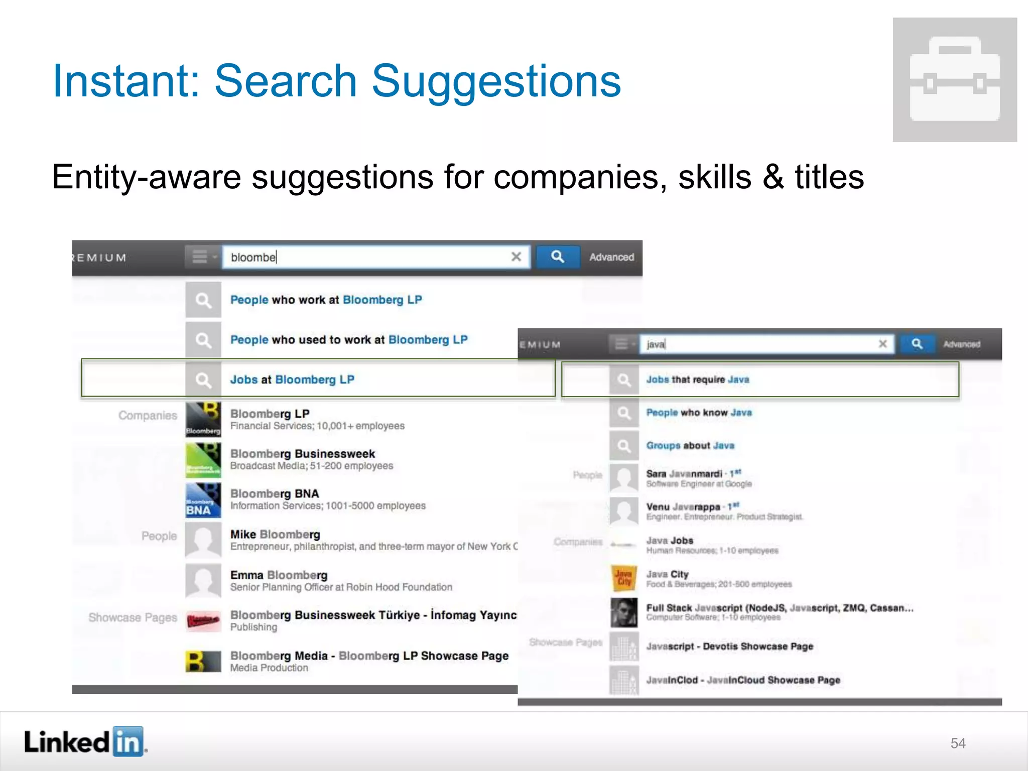 Instant: Search Suggestions
Entity-aware suggestions for companies, skills & titles
54
 