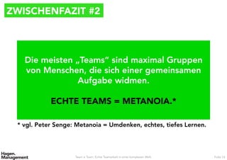 ZWISCHENFAZIT #2
Team ≠ Team. Echte Teamarbeit in einer komplexen Welt. Folie 14
Die meisten „Teams“ sind maximal Gruppen
von Menschen, die sich einer gemeinsamen
Aufgabe widmen.

ECHTE TEAMS = METANOIA.*
* vgl. Peter Senge: Metanoia = Umdenken, echtes, tiefes Lernen.
 
