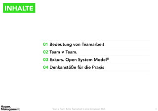 INHALTE
Team ≠ Team. Echte Teamarbeit in einer komplexen Welt. 3
01 Bedeutung von Teamarbeit
02 Team ≠ Team.
03 Exkurs. Open System Model®
04 Denkanstöße für die Praxis
 