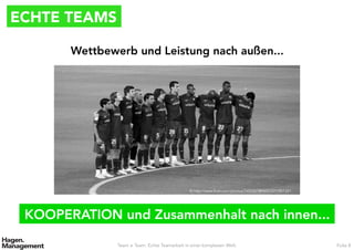 ECHTE TEAMS
Team ≠ Team. Echte Teamarbeit in einer komplexen Welt. Folie 8
Wettbewerb und Leistung nach außen...
KOOPERATION und Zusammenhalt nach innen...
© http://www.flickr.com/photos/7455207@N05/3211851321
 