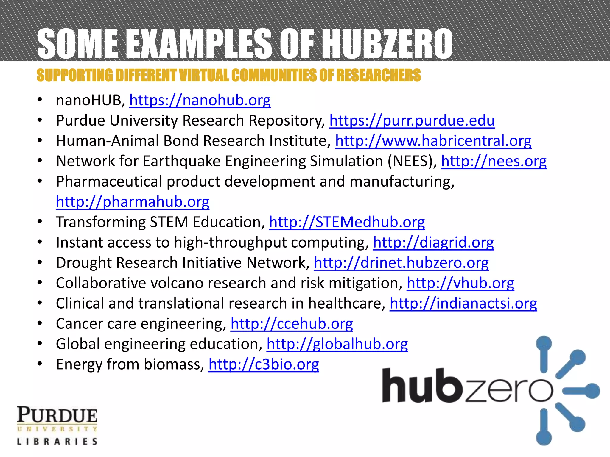 SOME EXAMPLES OF HUBZERO
• nanoHUB, https://nanohub.org
• Purdue University Research Repository, https://purr.purdue.edu
• Human-Animal Bond Research Institute, http://www.habricentral.org
• Network for Earthquake Engineering Simulation (NEES), http://nees.org
• Pharmaceutical product development and manufacturing,
http://pharmahub.org
• Transforming STEM Education, http://STEMedhub.org
• Instant access to high-throughput computing, http://diagrid.org
• Drought Research Initiative Network, http://drinet.hubzero.org
• Collaborative volcano research and risk mitigation, http://vhub.org
• Clinical and translational research in healthcare, http://indianactsi.org
• Cancer care engineering, http://ccehub.org
• Global engineering education, http://globalhub.org
• Energy from biomass, http://c3bio.org
SUPPORTING DIFFERENT VIRTUAL COMMUNITIES OF RESEARCHERS
 