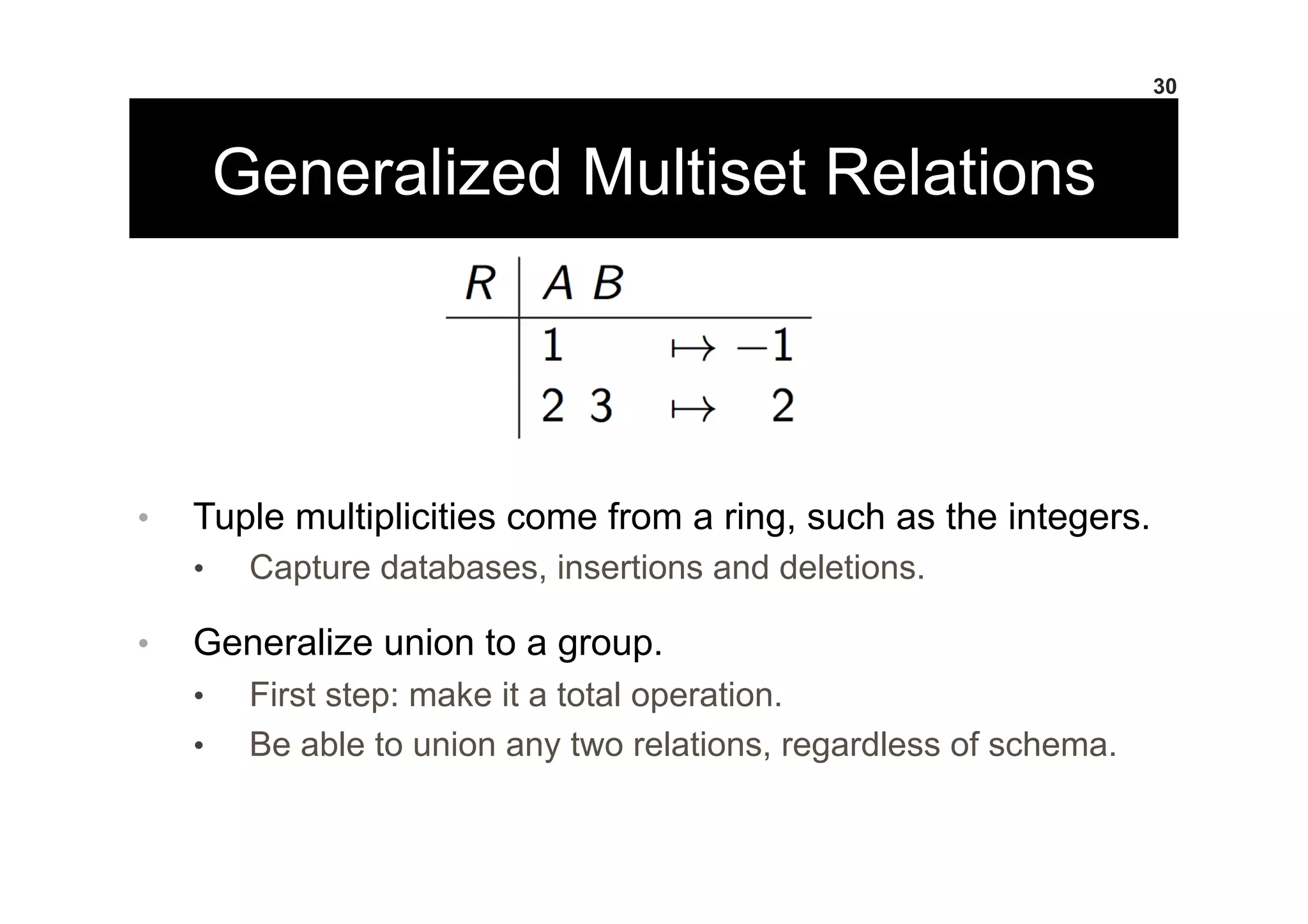 Generalized Multiset Relations
30
•  Tuple multiplicities come from a ring, such as the integers.
•  Capture databases, insertions and deletions.
•  Generalize union to a group.
•  First step: make it a total operation.
•  Be able to union any two relations, regardless of schema.
 