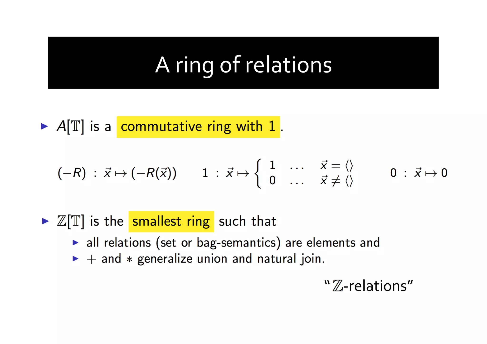 A	
  ring	
  of	
  relations	
  
“	
  	
  	
  	
  -­‐relations”	
  
 