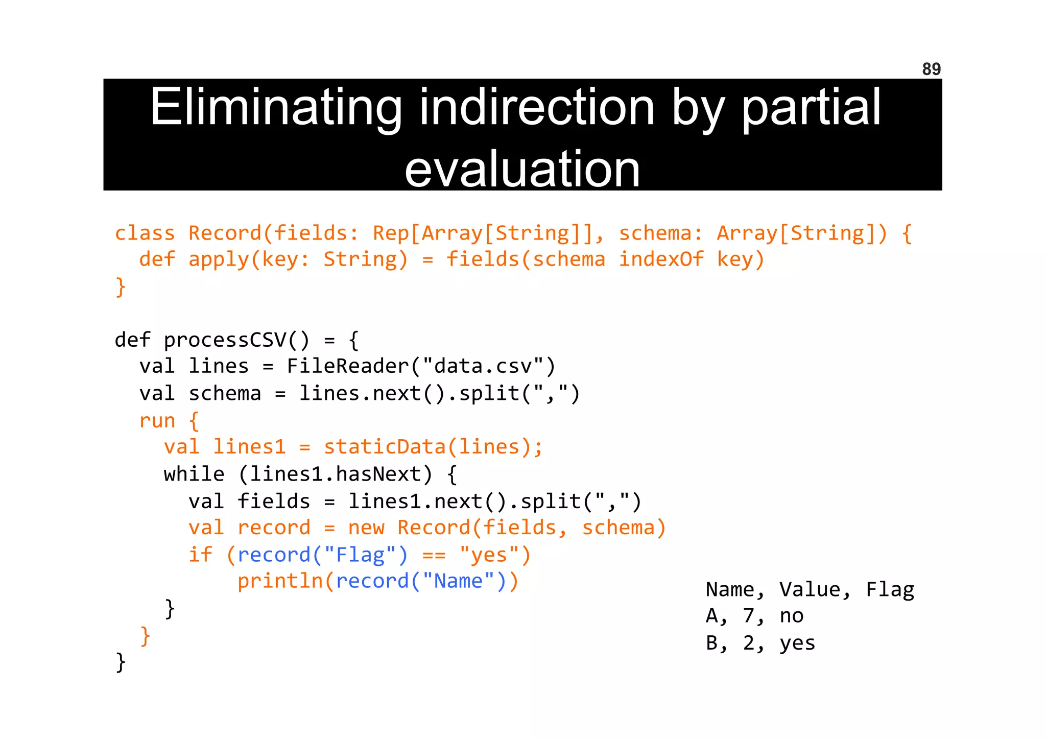 Eliminating indirection by partial
evaluation
89
class	
  Record(fields:	
  Rep[Array[String]],	
  schema:	
  Array[String])	
  {	
  
	
  	
  def	
  apply(key:	
  String)	
  =	
  fields(schema	
  indexOf	
  key)	
  
}	
  
	
  
def	
  processCSV()	
  =	
  {	
  
	
  	
  val	
  lines	
  =	
  FileReader("data.csv")	
  
	
  	
  val	
  schema	
  =	
  lines.next().split(",")	
  
	
  	
  run	
  {	
  
	
  	
  	
  	
  val	
  lines1	
  =	
  staticData(lines);	
  
	
  	
  	
  	
  while	
  (lines1.hasNext)	
  {	
  
	
  	
  	
  	
  	
  	
  val	
  fields	
  =	
  lines1.next().split(",")	
  
	
  	
  	
  	
  	
  	
  val	
  record	
  =	
  new	
  Record(fields,	
  schema)	
  
	
  	
  	
  	
  	
  	
  if	
  (record("Flag")	
  ==	
  "yes")	
  
	
  	
  	
  	
  	
  	
  	
  	
  	
  	
  println(record("Name"))	
  
	
  	
  	
  	
  }	
  
	
  	
  }	
  
}	
  
Name,	
  Value,	
  Flag	
  
A,	
  7,	
  no	
  
B,	
  2,	
  yes	
  
 