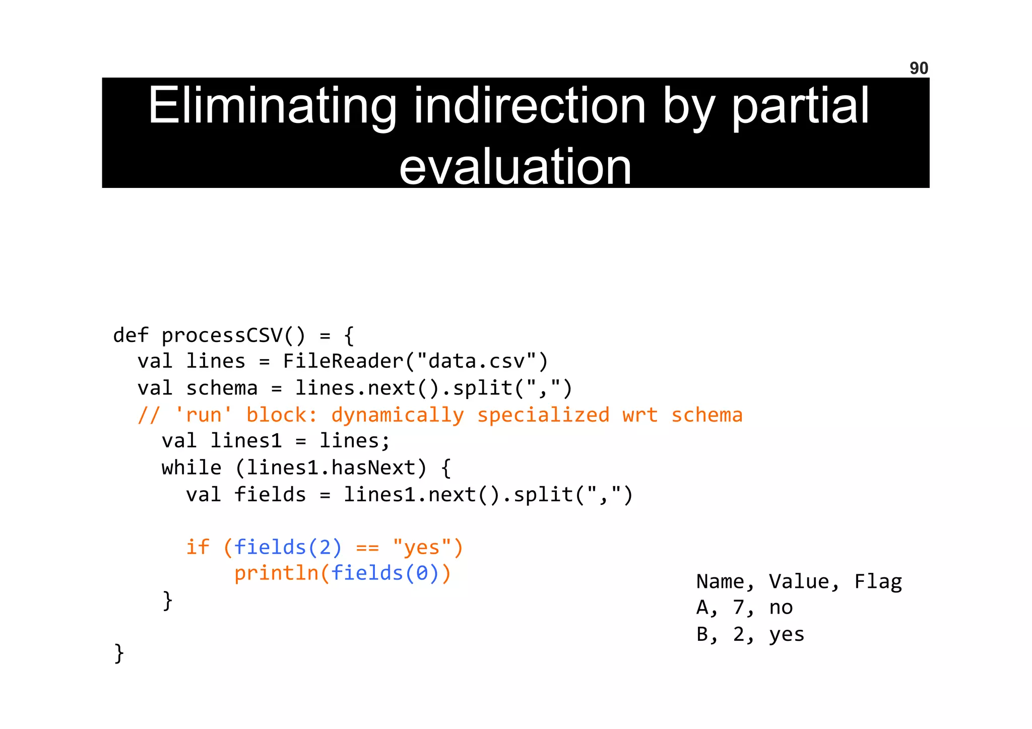 Eliminating indirection by partial
evaluation
90
	
  
	
  
	
  
	
  
def	
  processCSV()	
  =	
  {	
  
	
  	
  val	
  lines	
  =	
  FileReader("data.csv")	
  
	
  	
  val	
  schema	
  =	
  lines.next().split(",")	
  
	
  	
  //	
  'run'	
  block:	
  dynamically	
  specialized	
  wrt	
  schema	
  
	
  	
  	
  	
  val	
  lines1	
  =	
  lines;	
  
	
  	
  	
  	
  while	
  (lines1.hasNext)	
  {	
  
	
  	
  	
  	
  	
  	
  val	
  fields	
  =	
  lines1.next().split(",")	
  
	
  
	
  	
  	
  	
  	
  	
  if	
  (fields(2)	
  ==	
  "yes")	
  
	
  	
  	
  	
  	
  	
  	
  	
  	
  	
  println(fields(0))	
  
	
  	
  	
  	
  }	
  
	
  
}	
  
Name,	
  Value,	
  Flag	
  
A,	
  7,	
  no	
  
B,	
  2,	
  yes	
  
 