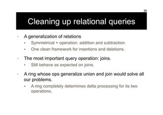 Cleaning up relational queries
•  A generalization of relations
•  Symmetrical + operation: addition and subtraction.
•  O...