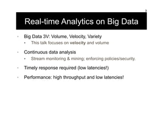 Real-time Analytics on Big Data
•  Big Data 3V: Volume, Velocity, Variety
•  This talk focuses on velocity and volume
•  C...