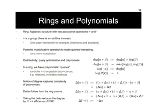 Rings and Polynomials
38
•  Ring: Algebraic structure with two associative operations + and *
•  + is a group (there is an...