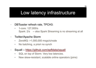 Low latency infrastructure
•  DBToaster refresh rate, TPCH3:
•  1-core: 127,000/s
Spark: 2/s -- also Spark Streaming is no...