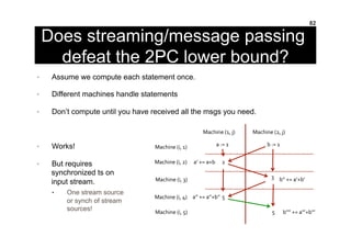 Does streaming/message passing
defeat the 2PC lower bound?
•  Assume we compute each statement once.
•  Different machines...