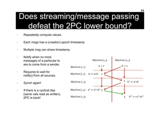 Does streaming/message passing
defeat the 2PC lower bound?
•  Repeatedly compute values.
•  Each msgs has a (creation) epo...