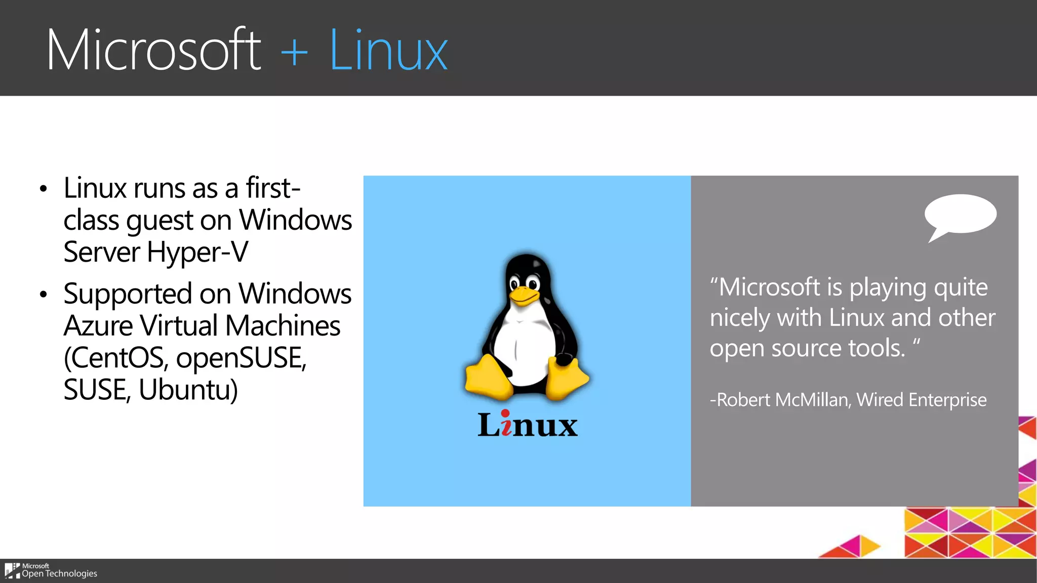 Microsoft + Linux
• Linux runs as a first-
class guest on Windows
Server Hyper-V
• Supported on Windows
Azure Virtual Machines
(CentOS, openSUSE,
SUSE, Ubuntu)
“Microsoft is playing quite
nicely with Linux and other
open source tools. “
-Robert McMillan, Wired Enterprise
 