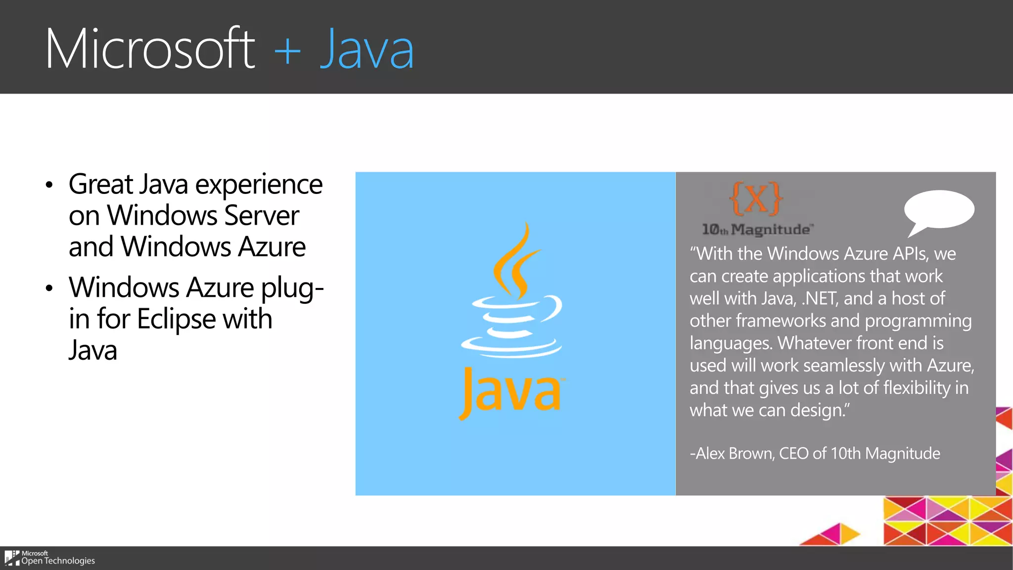 Microsoft + Java
• Great Java experience
on Windows Server
and Windows Azure
• Windows Azure plug-
in for Eclipse with
Java
 