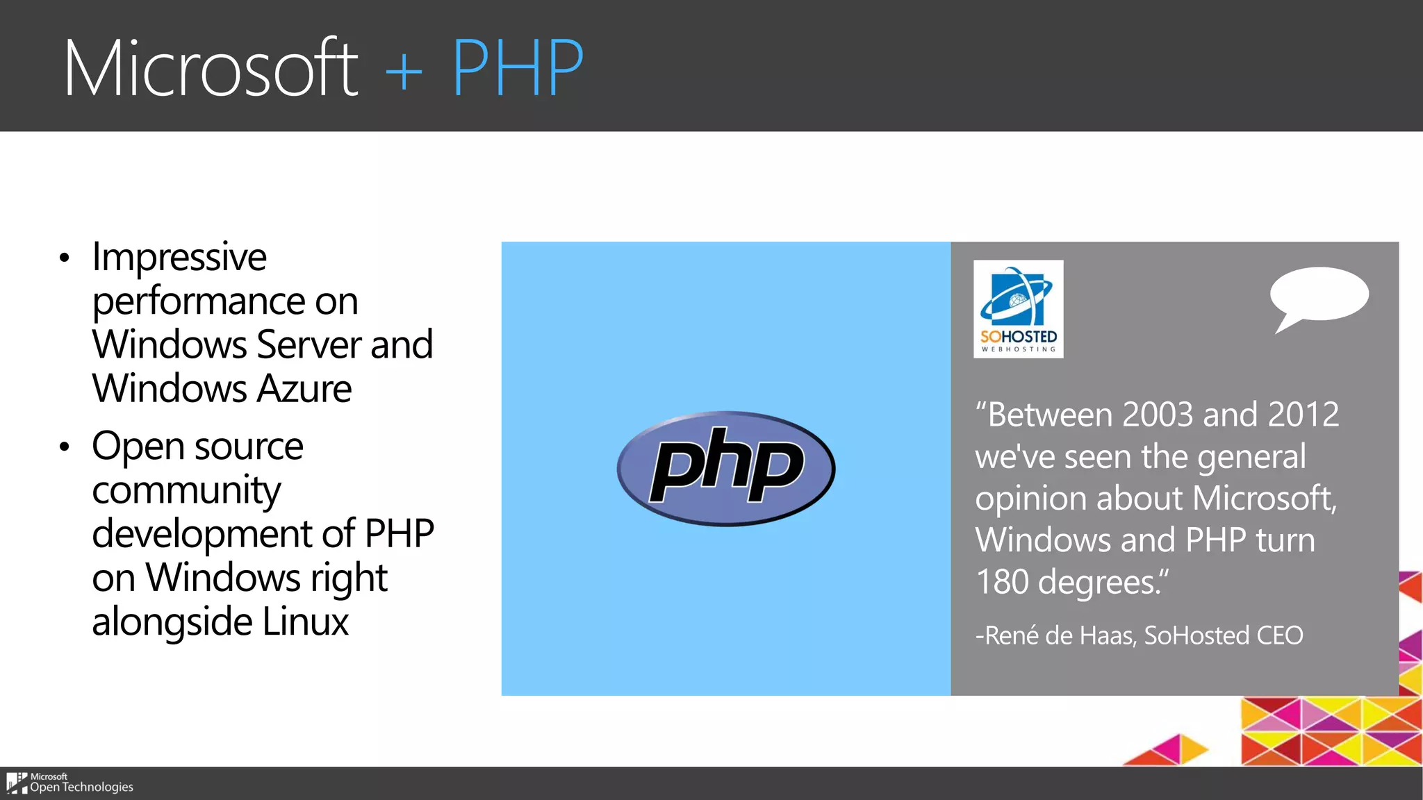 Microsoft + PHP
• Impressive
performance on
Windows Server and
Windows Azure
• Open source
community
development of PHP
on Windows right
alongside Linux
 