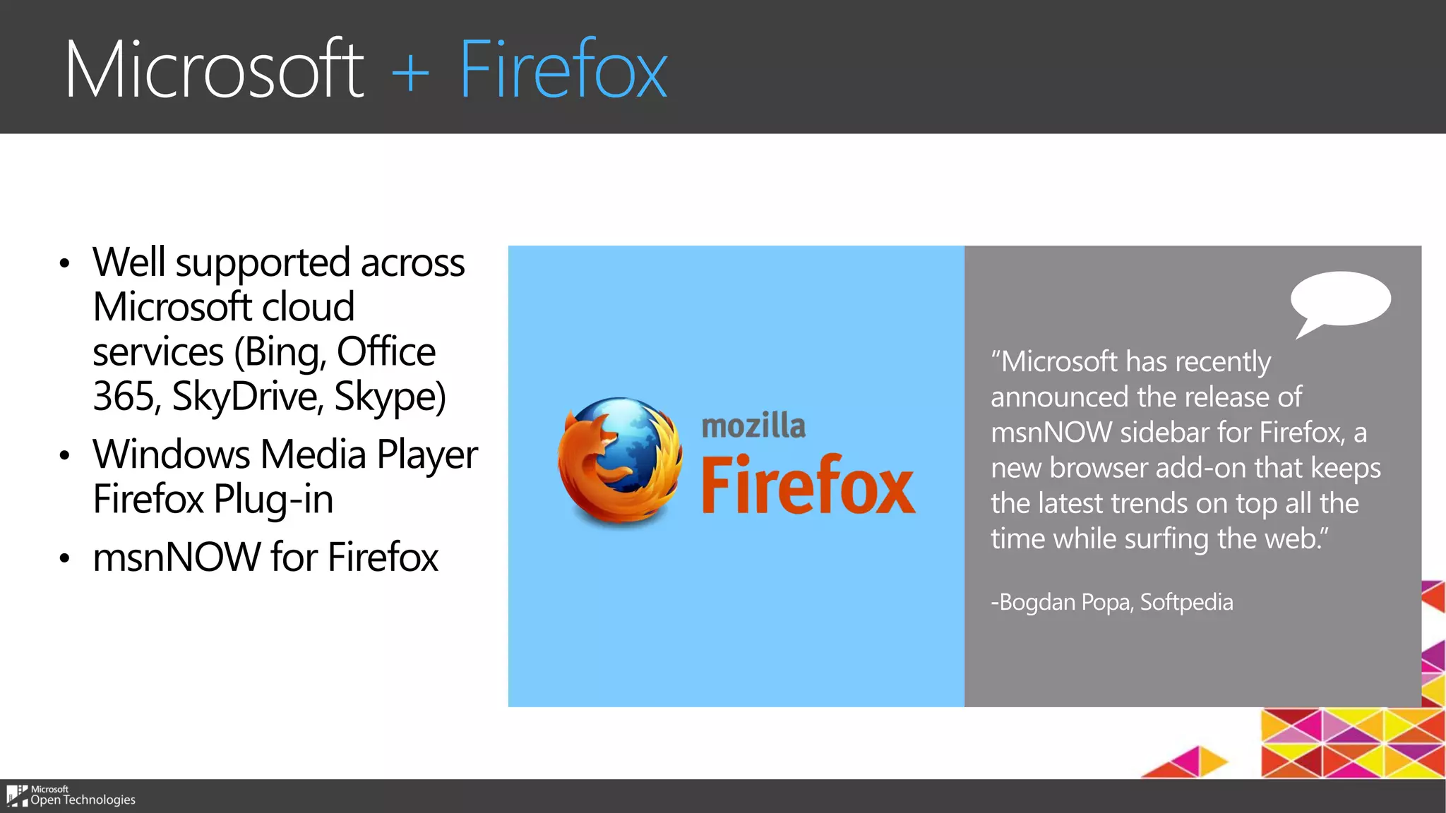 Microsoft + Firefox
• Well supported across
Microsoft cloud
services (Bing, Office
365, SkyDrive, Skype)
• Windows Media Player
Firefox Plug-in
• msnNOW for Firefox
 