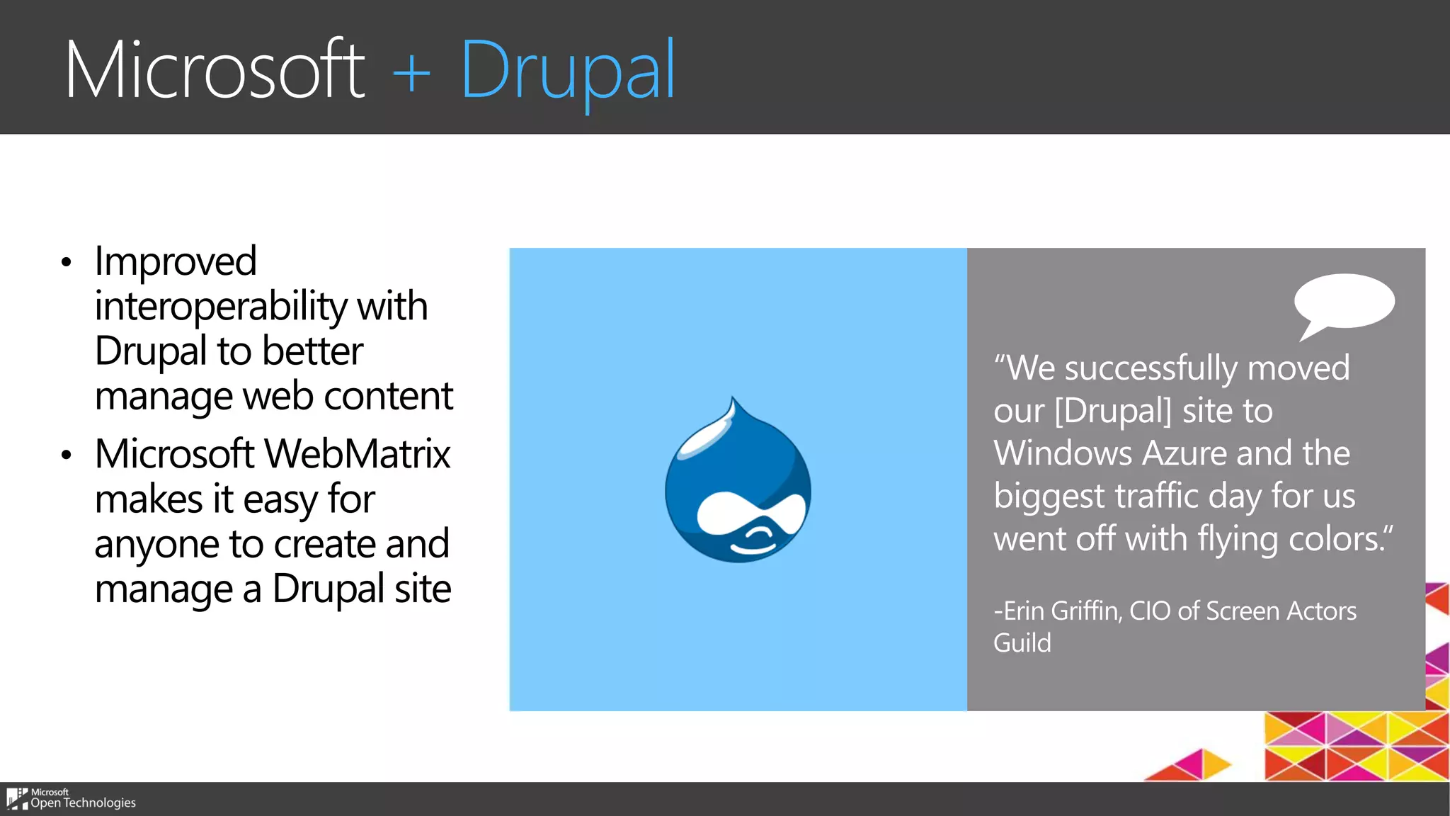 Microsoft + Drupal
• Improved
interoperability with
Drupal to better
manage web content
• Microsoft WebMatrix
makes it easy for
anyone to create and
manage a Drupal site
 