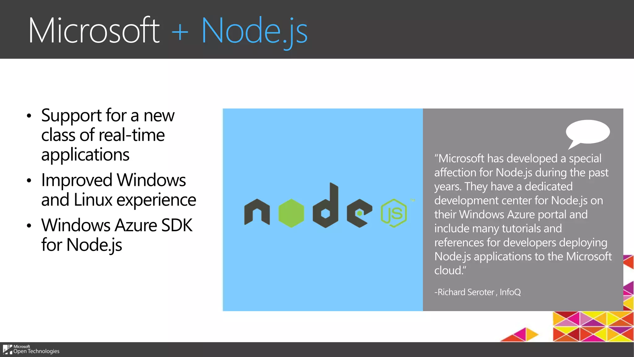 Microsoft + Node.js
• Support for a new
class of real-time
applications
• Improved Windows
and Linux experience
• Windows Azure SDK
for Node.js
 