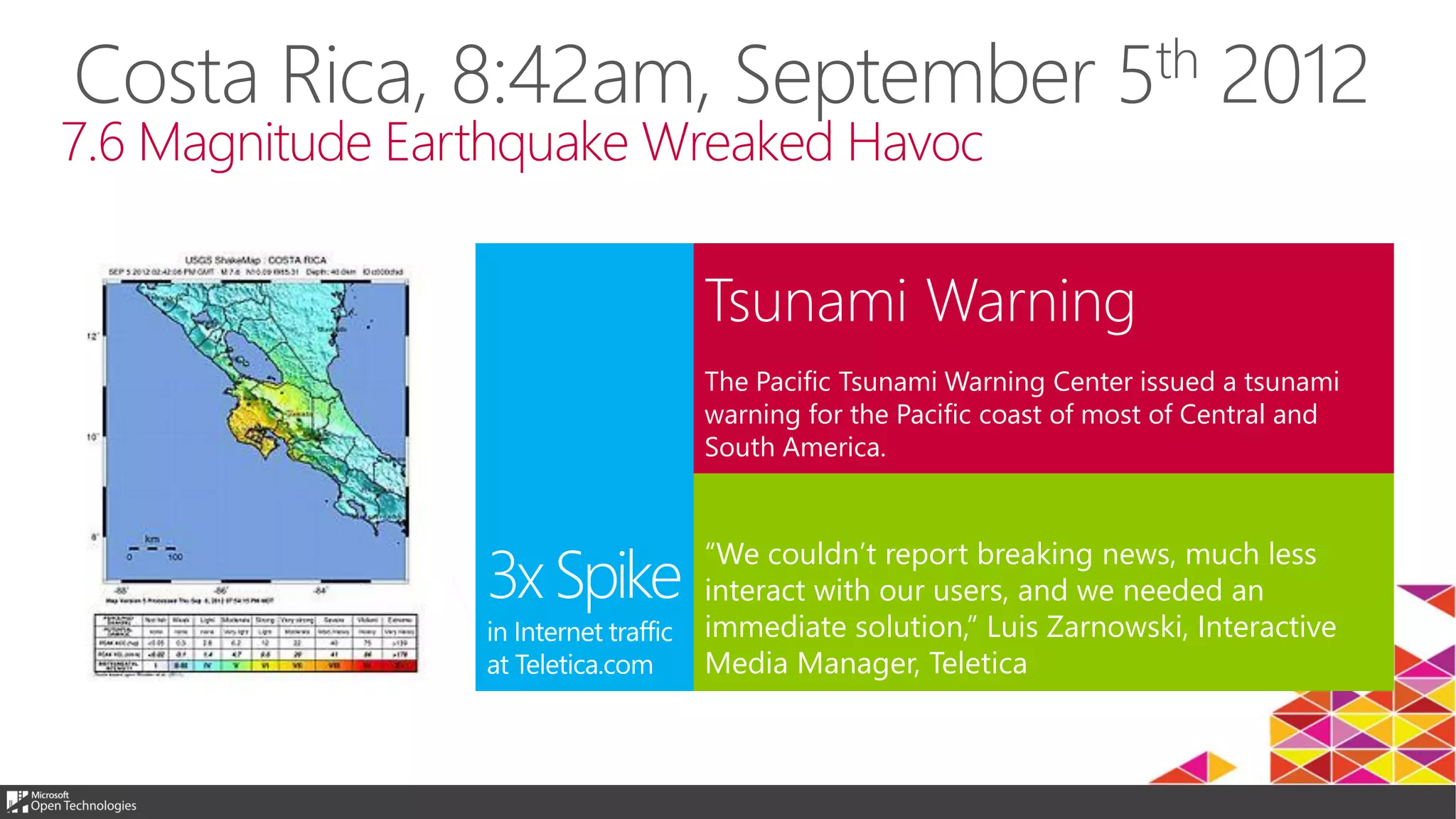 The Pacific Tsunami Warning Center issued a tsunami
warning for the Pacific coast of most of Central and
South America.
“We couldn’t report breaking news, much less
interact with our users, and we needed an
immediate solution,” Luis Zarnowski, Interactive
Media Manager, Teletica
7.6 Magnitude Earthquake Wreaked Havoc
Tsunami Warning
 
