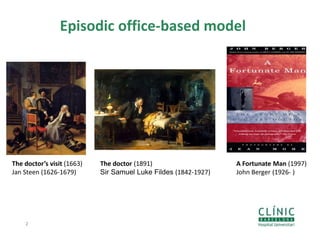 2
The doctor’s visit (1663)
Jan Steen (1626-1679)
The doctor (1891)
Sir Samuel Luke Fildes (1842-1927)
A Fortunate Man (1997)
John Berger (1926- )
Episodic office-based model
 