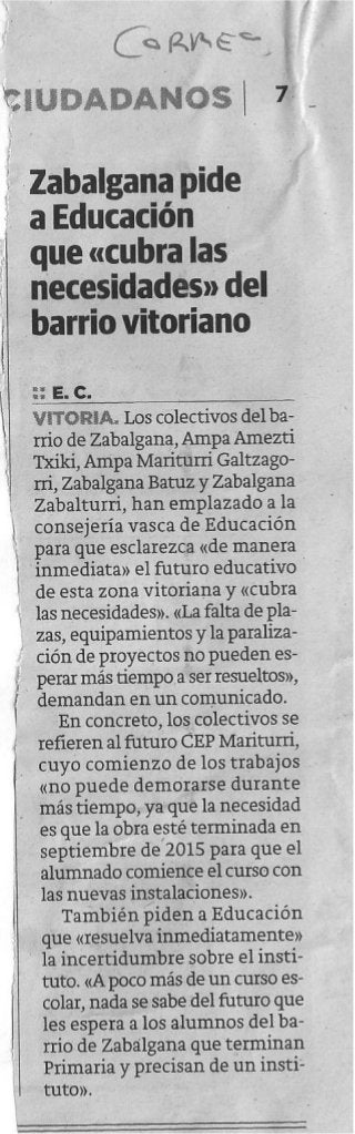 Zabalgana pide a educación que cubra las necesidades educativas del barrio. El Correo 2014/05/23
