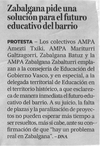 Zabalgana pide una solución para el futuro educativo del barrio. Diario de noticias, 2014/05/23