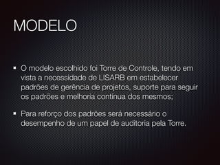 MODELO
O modelo escolhido foi Torre de Controle, tendo em
vista a necessidade de LISARB em estabelecer
padrões de gerência de projetos, suporte para seguir
os padrões e melhoria contínua dos mesmos;
Para reforço dos padrões será necessário o
desempenho de um papel de auditoria pela Torre.
 