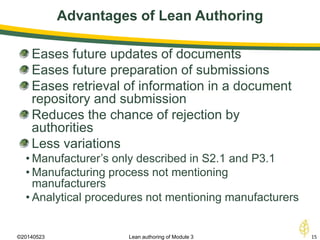 Advantages of Lean Authoring
©20140523 15Lean authoring of Module 3
Eases future updates of documents
Eases future preparation of submissions
Eases retrieval of information in a document
repository and submission
Reduces the chance of rejection by
authorities
Less variations
• Manufacturer’s only described in S2.1 and P3.1
• Manufacturing process not mentioning
manufacturers
• Analytical procedures not mentioning manufacturers
 