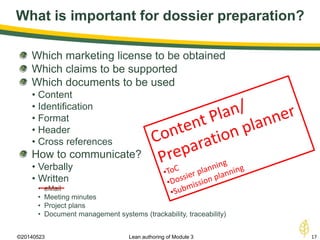 What is important for dossier preparation?
©20140523 17Lean authoring of Module 3
Which marketing license to be obtained
Which claims to be supported
Which documents to be used
• Content
• Identification
• Format
• Header
• Cross references
How to communicate?
• Verbally
• Written
• eMail
• Meeting minutes
• Project plans
• Document management systems (trackability, traceability)
 