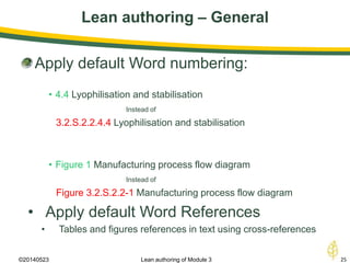 Lean authoring – General
©20140523 25Lean authoring of Module 3
Apply default Word numbering:
• 4.4 Lyophilisation and stabilisation
Instead of
3.2.S.2.2.4.4 Lyophilisation and stabilisation
• Figure 1 Manufacturing process flow diagram
Instead of
Figure 3.2.S.2.2-1 Manufacturing process flow diagram
• Apply default Word References
• Tables and figures references in text using cross-references
 