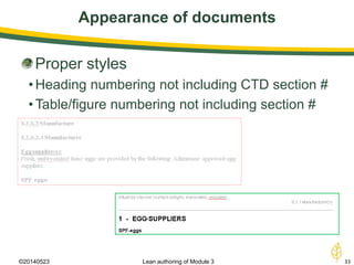 Appearance of documents
©20140523 33Lean authoring of Module 3
Proper styles
•Heading numbering not including CTD section #
•Table/figure numbering not including section #
 