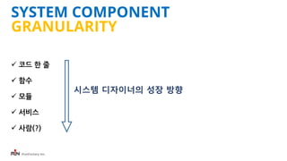 iFunFactory Inc.
SYSTEM COMPONENT
GRANULARITY
 코드 한 줄
 함수
 모듈
 서비스
 사람(?)
시스템 디자이너의 성장 방향
 