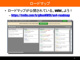 ロードマップ
• ロードマップが公開されている。voteしよう！
– https://trello.com/b/gHooNW9I/ue4-roadmap
22
 