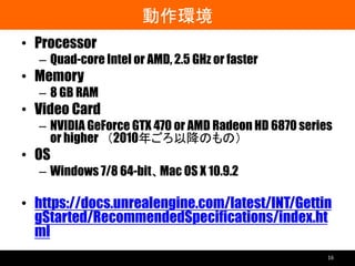 動作環境
• Processor
– Quad-core Intel or AMD, 2.5 GHz or faster
• Memory
– 8 GB RAM
• Video Card
– NVIDIA GeForce GTX 470 or ...