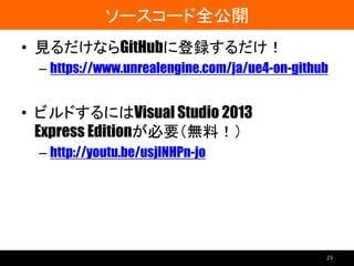 ソースコード全公開
• 見るだけならGitHubに登録するだけ！
– https://www.unrealengine.com/ja/ue4-on-github
• ビルドするにはVisual Studio 2013
Express Editi...