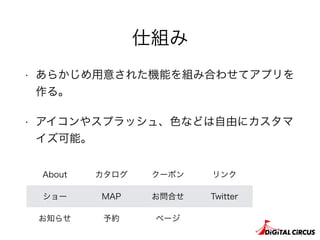 仕組み
• あらかじめ用意された機能を組み合わせてアプリを
作る。
• アイコンやスプラッシュ、色などは自由にカスタマ
イズ可能。
About カタログ クーポン リンク
ショー MAP お問合せ Twitter
お知らせ 予約 ページ
 